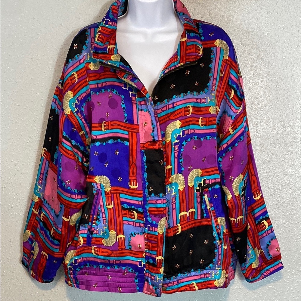 VNTG Mureli 100% Silk Vibrant Purple and Red Bomber Jacket with Artistic Flair